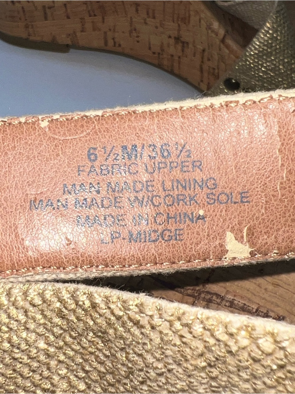 Lucky Brand Gold Metallic Canvas Upper Wedge Cork Heels Size 6.5 - Picture 12 of 12